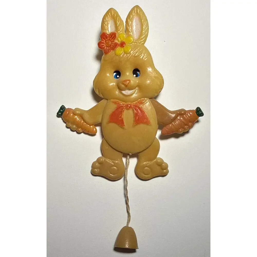 Vintage Easter Spring Bunny Rabbit Holding Carrots Lapel Pin With Pull String E1